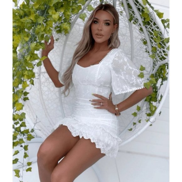 White Lace Embroidered Short Flute Sleeve Frill Hem Mini Dress - Picture 2 of 5